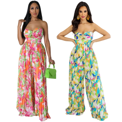 Chest wrapped printed high waisted pleated jumpsuit