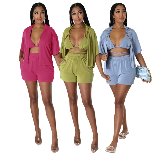 Solid color lace up three piece shorts set