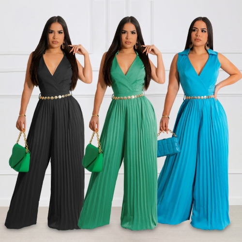 V-neck waistband pleated wide leg jumpsuit