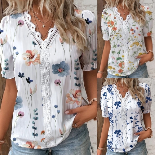 Printed V-neck lace patchwork shirt