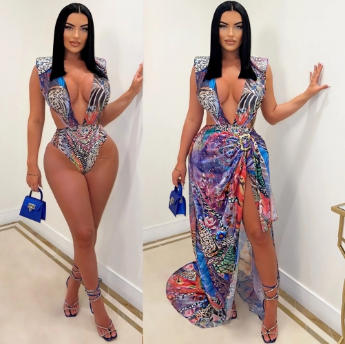 Sexy Printed Backless Bodysuit Split Skirt Set