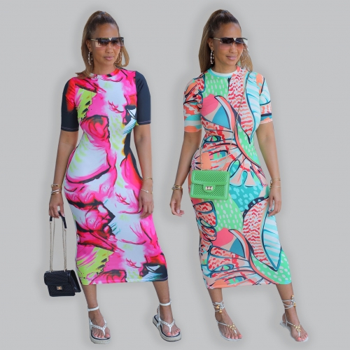Round neck painted printed dress