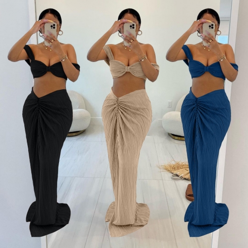 Sexy Pleated Split Skirt Set