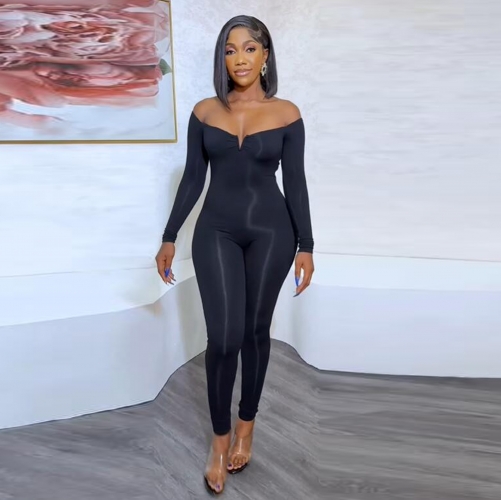 Sexy small V-neck off shoulder long sleeved jumpsuit