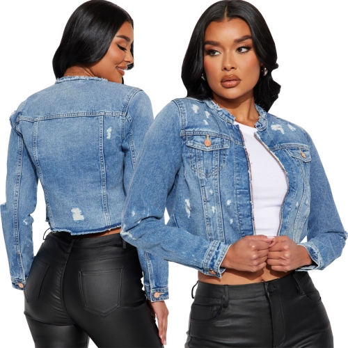 Spliced denim hole short jacket