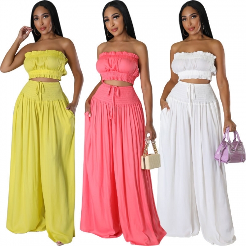 Chestless fungus edge pleated lace up wide leg pants set