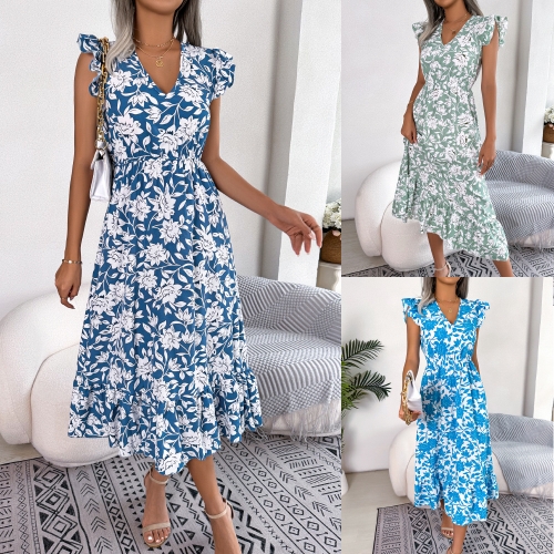 Casual Wooden Ear Edge Flower Waist Wrapped Sleeveless Dress