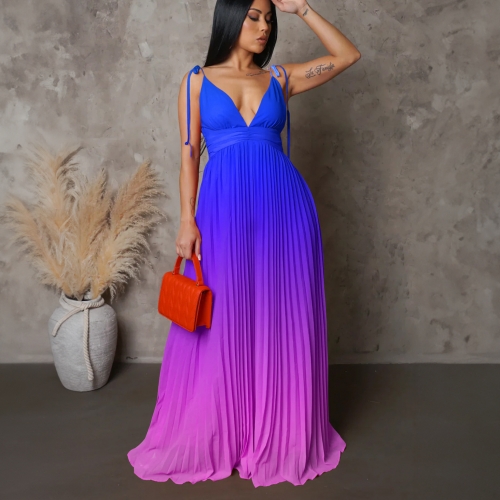 Lace-up gradient pleated maxi dress