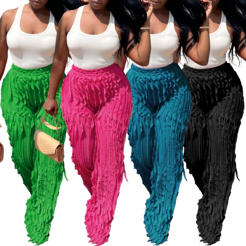 Leisure mesh wave pattern ruffled high waisted pants