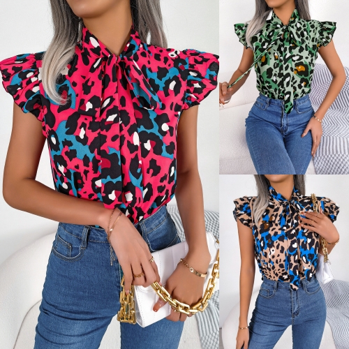 Casual leopard print wooden ear lace up chiffon shirt top