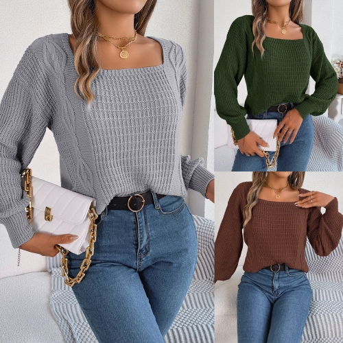 Casual square neck Fried Dough Twists lantern sleeve knitting pullover sweater