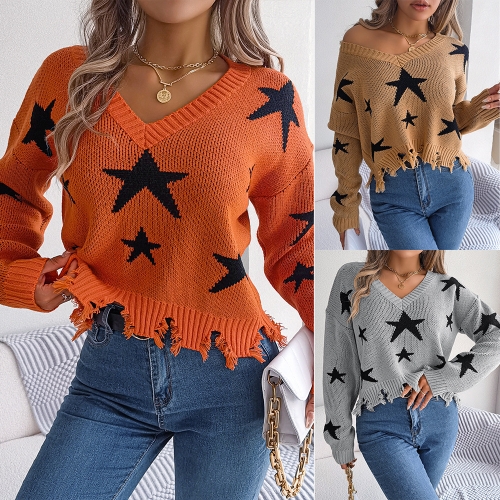 Leisure V-neck Star Cut Long Sleeve Knitted Pullover Sweater