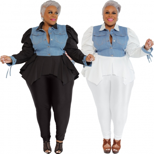 Plus size denim patchwork bubble sleeved pants set