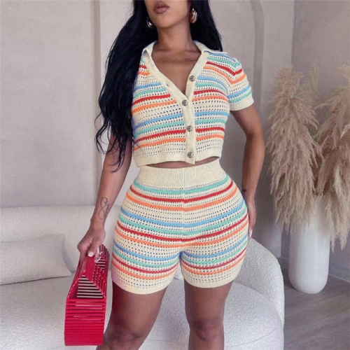 Casual lapel breasted short sleeves+striped shorts knitted two-piece set