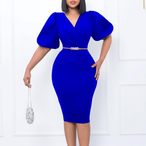 Bubble sleeved V-neck dress （with belt）