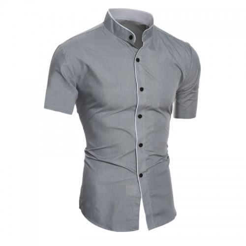 Men's standing collar solid color short sleeved shirt