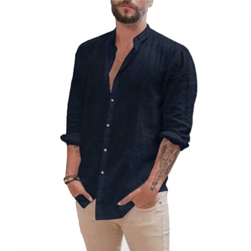 Men's casual long sleeved cotton linen solid color shirt