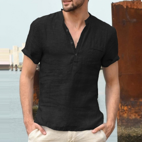 Men's standing neck buckle half open simple short sleeved T-shirt