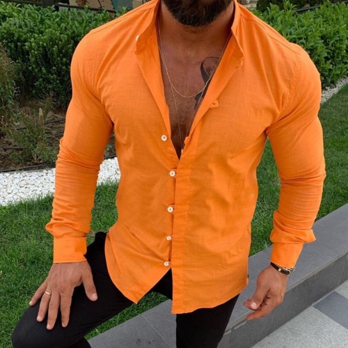 Men's long sleeved button up collar cotton linen shirt