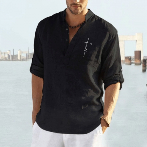 Men's long sleeved loose cotton linen shirt