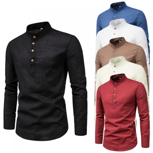 Men's slim fitting long sleeved cotton linen shirt