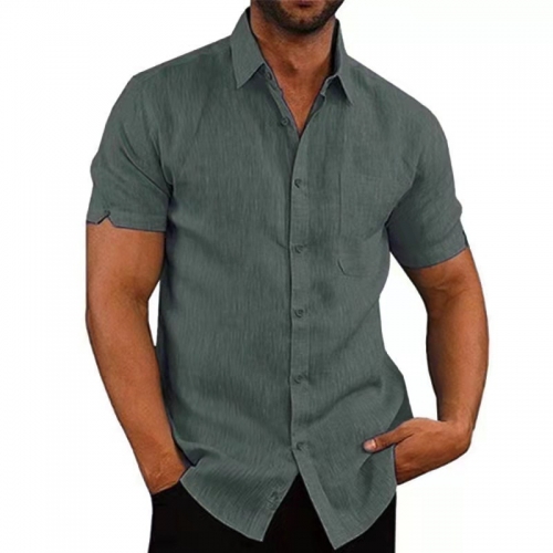 Men's Polo Collar Solid Short Sleeve Button Linen Shirt
