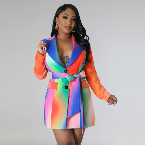 Rainbow print lace up suit dress