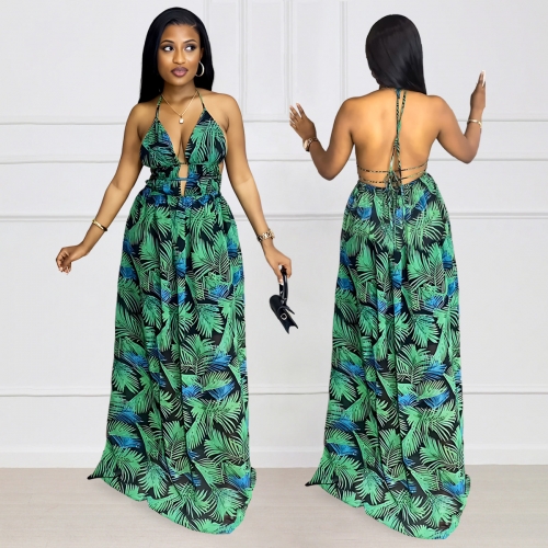 Sexy lace up leaf prin hollowed out maxi dress