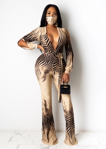 Sexy V-neck printed flare jumpsuit