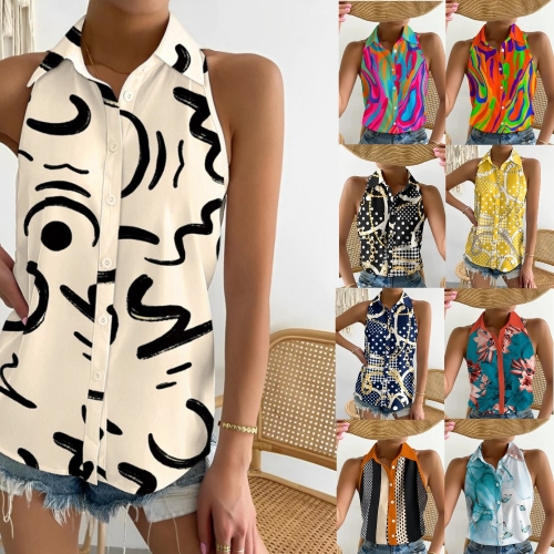 Casual printed off shoulder sleeveless abstract shirt top