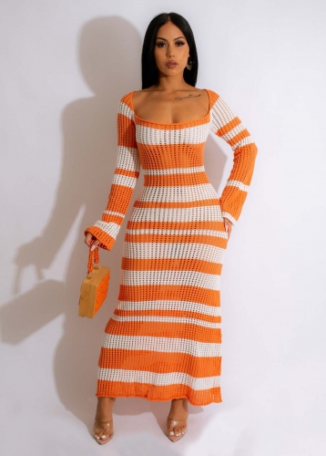 Knitted Flare Sleeves Square Neck Stripe Dress