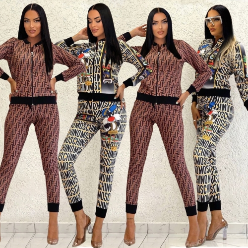 Casual printed long sleeved jacket+two-piece pants set