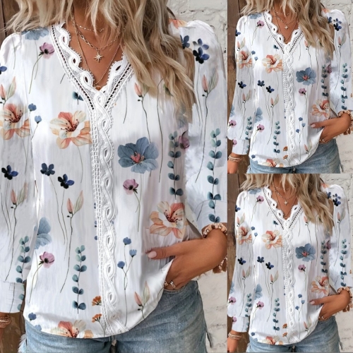 Casual V-neck lace patchwork shirt top