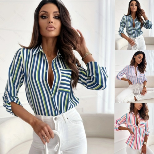 Casual V-neck pocket striped printed shirt top