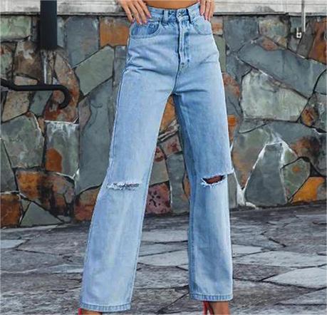 Fashionable ripped straight leg jeans