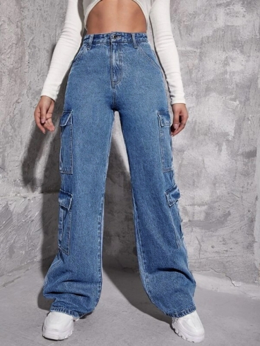 Fashionable multi pocket denim straight pants
