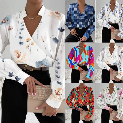 Printed long sleeved V-neck patchwork shirt top