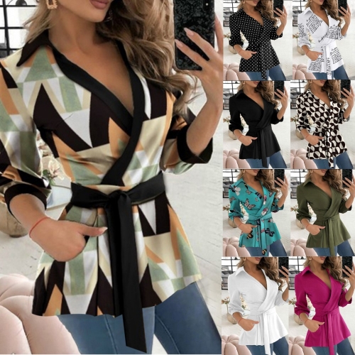 Printed Long Sleeve V-Neck Belt Shirt Top