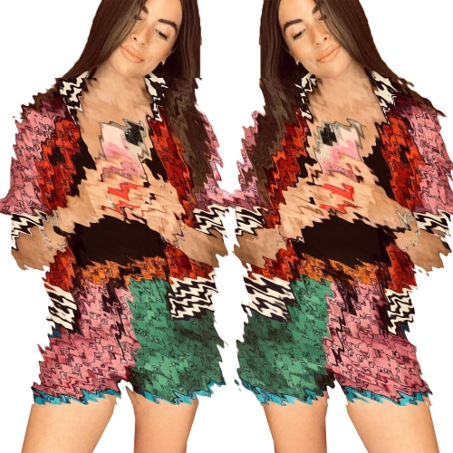 Casual printed jacket+shorts two-piece set