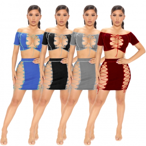 Sexy irregular drawstring top+skirt two-piece set
