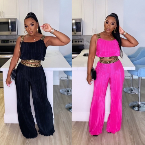 Solid color pleated patchwork webbing high waisted wide leg two-piece set