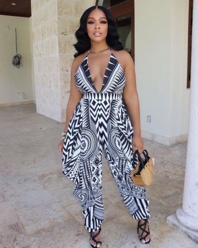 BacklessV-neck positioning printed jumpsuit