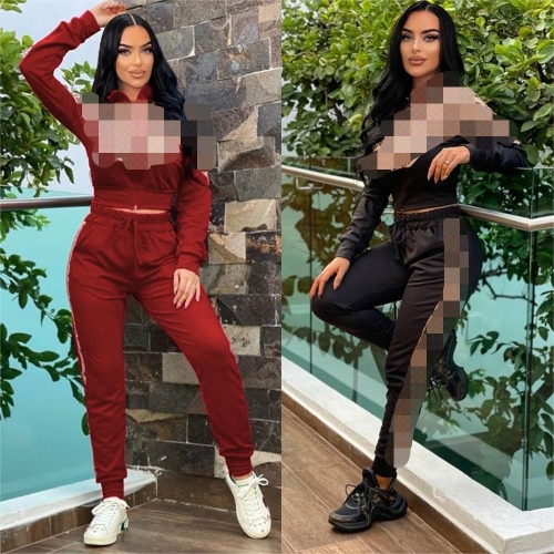 Fashion casual splicing long sleeved zippered top+two-piece pants set