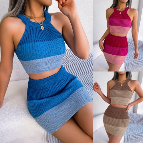 Fashion gradient color exposed navel top+short skirt two-piece set