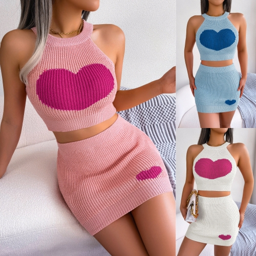 Casual love color contrast exposed navel top+short skirt two-piece set