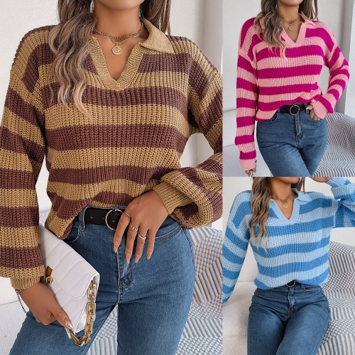 Casual Polo Collar Contrast Stripe Long Sleeve Knitted Sweater