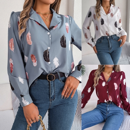 Feather printed suit collar long sleeved shirt