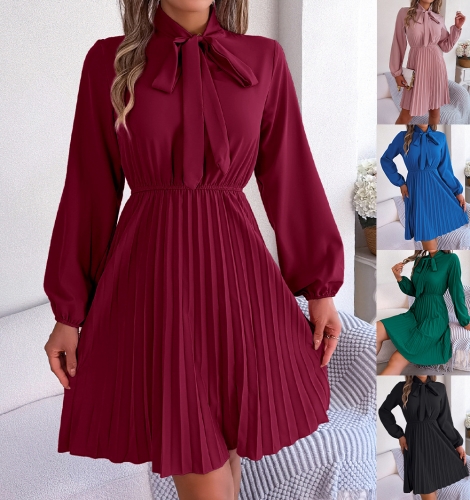 Fashionable lace up waist long sleeved pleated skirt