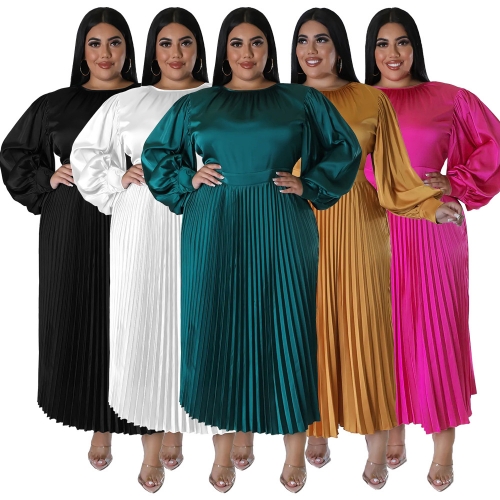 Sexy oversized pleated round neck long sleeved dress
