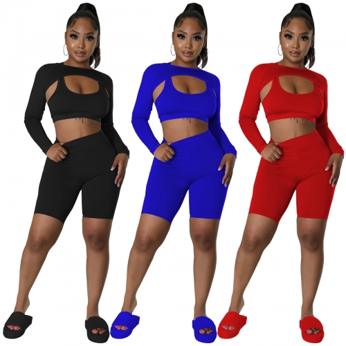 Casual Sports Tank Top+Long Sleeve Cover+Shorts Three Piece Set